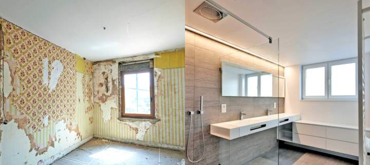 Une image comparative avant et après la rénovation dune salle de bain, montrant une transformation réussie.